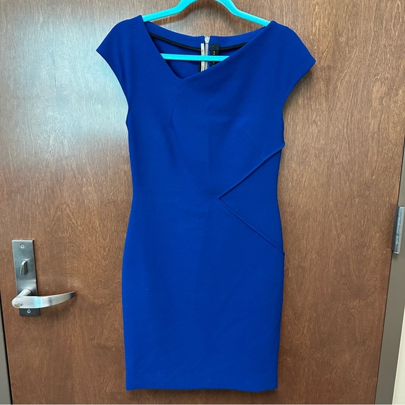 ROLAND MOURET SHEATH DRESS US 6 COBALT BLUE FITTED CAP SLEEVES DESIGNER - Picture 1 of 9